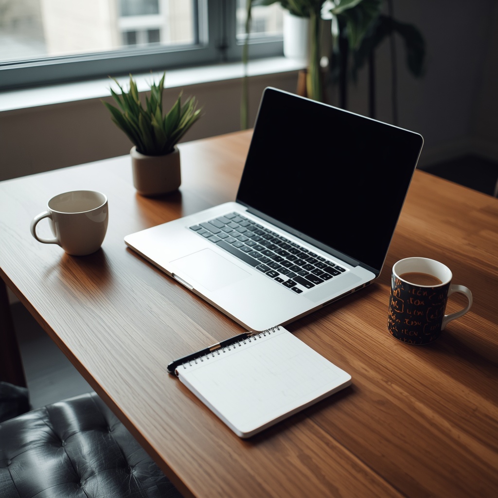Modern creative workspace with laptop, notebook, and coffee cup on wooden desk, natural lighting, wide angle shot